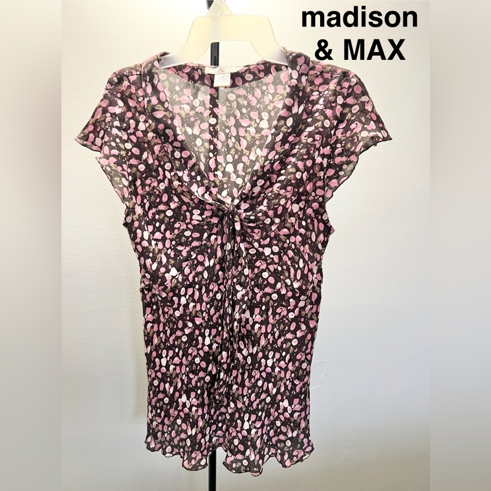 madison & MAX 100% Silk Short Sleeve Blouse Size 14